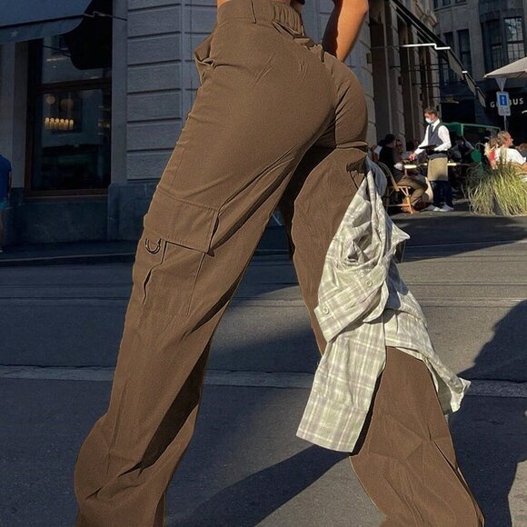 Coffee Brown Casual Women's Plain Loose Straight-Leg Cargo Pants With Pockets - Picture 2 of 5